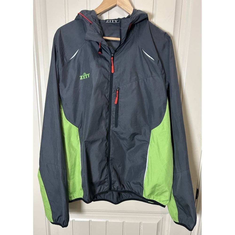 ZITY Cycling Windbreaker Jacket Mens XL Gray Green Full Zip Hooded Outdoor Wear